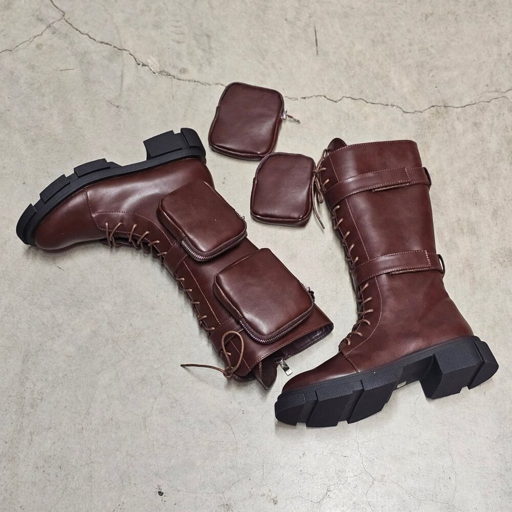 Lace-Up Wine Combat Boots With Detachable Utility Pouches & Side Zippers For Wom - Picture 9 of 12